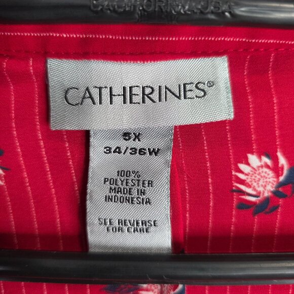 Womens Catherines Red Floral & Stripe Blouse Button Up 3/4 Roll-Tab Sleeves 6X - Picture 2 of 8